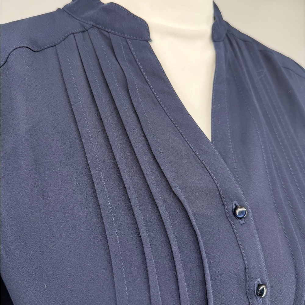 Nanette Lepore Women 4 Navy Blue Pintuck Fit & Flare Midi Dress Short Sleeve - Picture 6 of 9